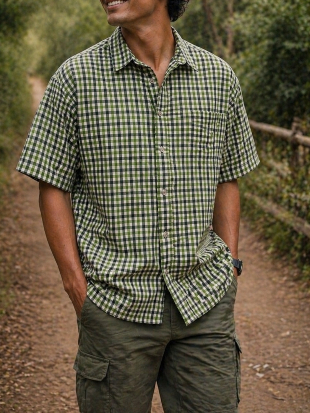 The North Face Green Gingham Plaid Short Sleeve Button-Up Shirt Mens Casual